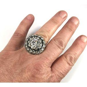 Silver Tone Clear Rhinestone and Black Enamel Stretch Cocktail Ring